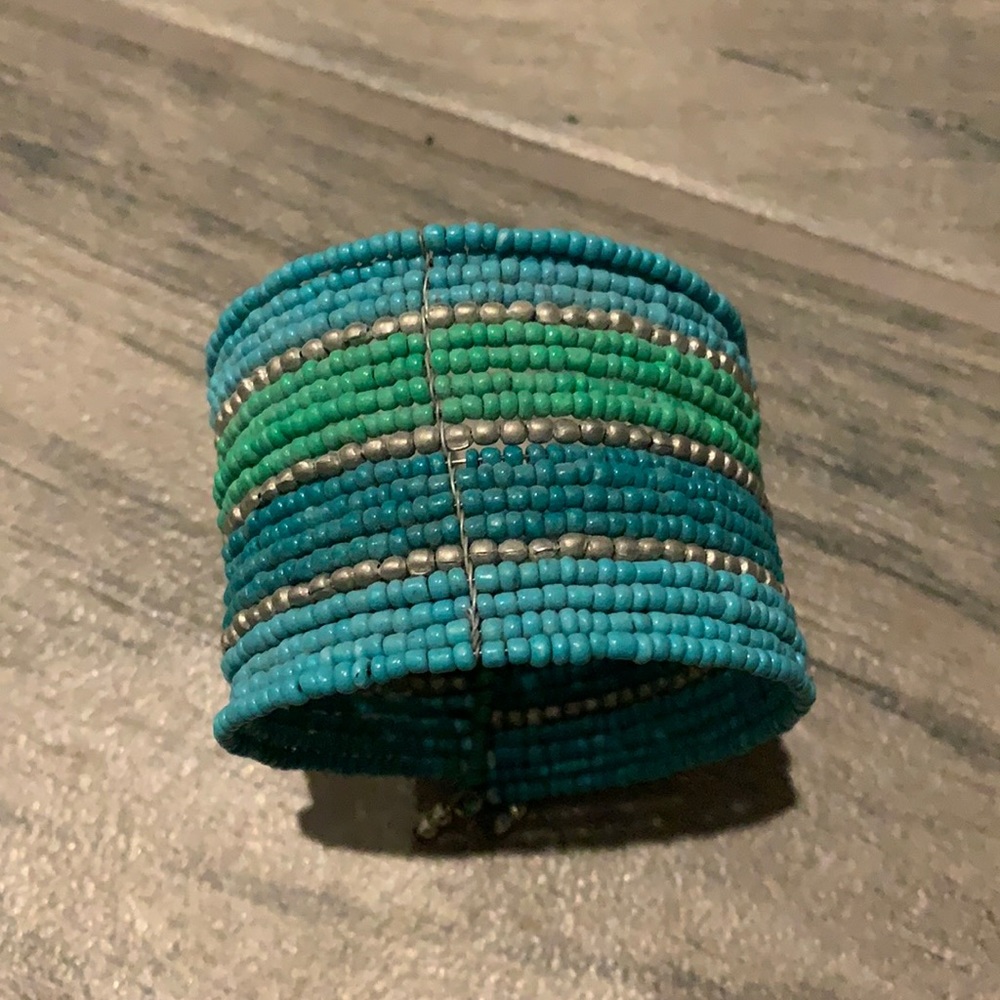 Blue green and teal seed bead cuff